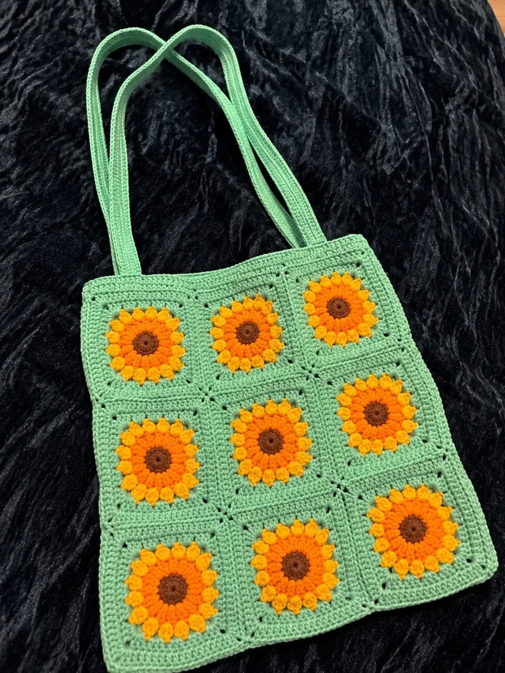 Handmade Green Crochet Sunflower Tote Bag (NEW)